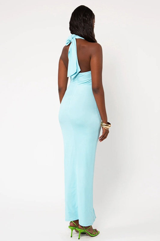 Butterfly Print High Neck Slit Mermaid Maxi Dress