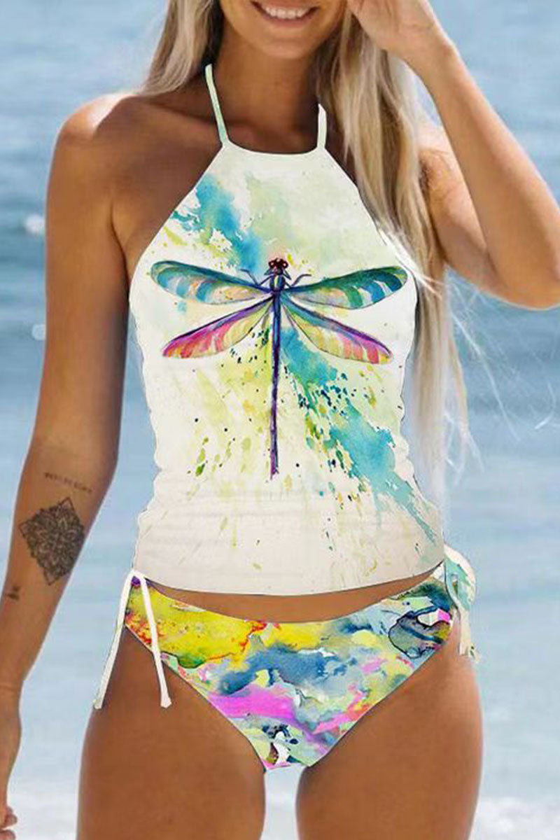 Simple resort style colorful dragonfly halterneck two-piece swimsuit - Fashionpara