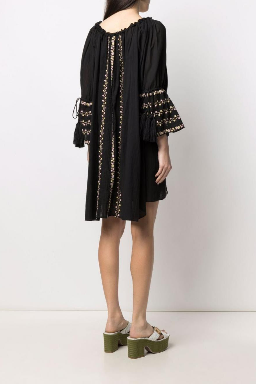 Embroidered V-Neck Puff-Sleeve Tie-Front Mini Dress