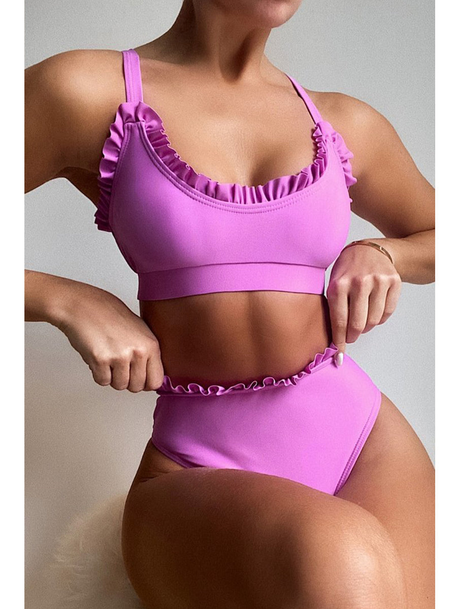 High-waisted Fold Design Purple Bikini Set(2 Colors) - Fashionpara