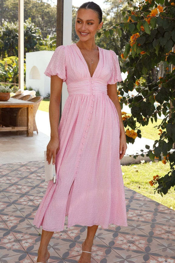 V-Neck Puff Sleeve Button-Front Ruched A-Line Maxi Dress 11