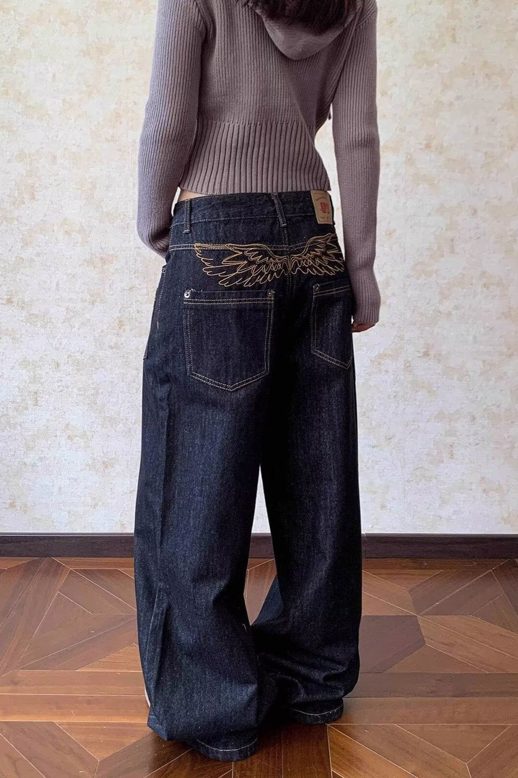 Embroidered Washed Curved Leg Wide Jeans