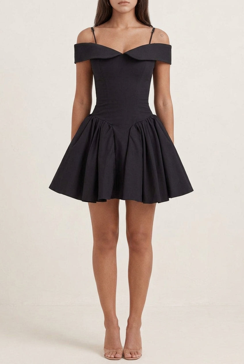Off Shoulder Strappy Drop Waist Fit and Flare Mini Dress