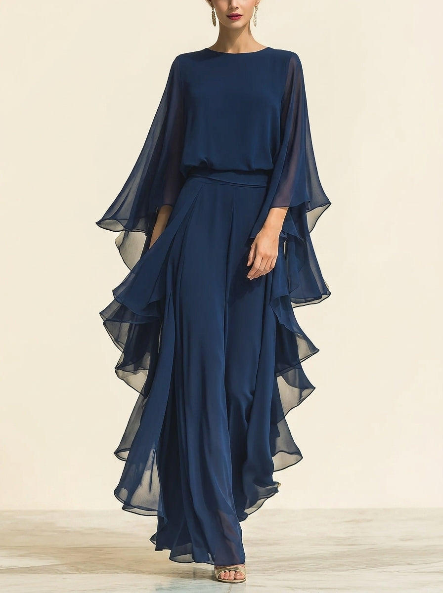 Round Neck Cape Sleeve Wide Leg Chiffon Jumpsuit