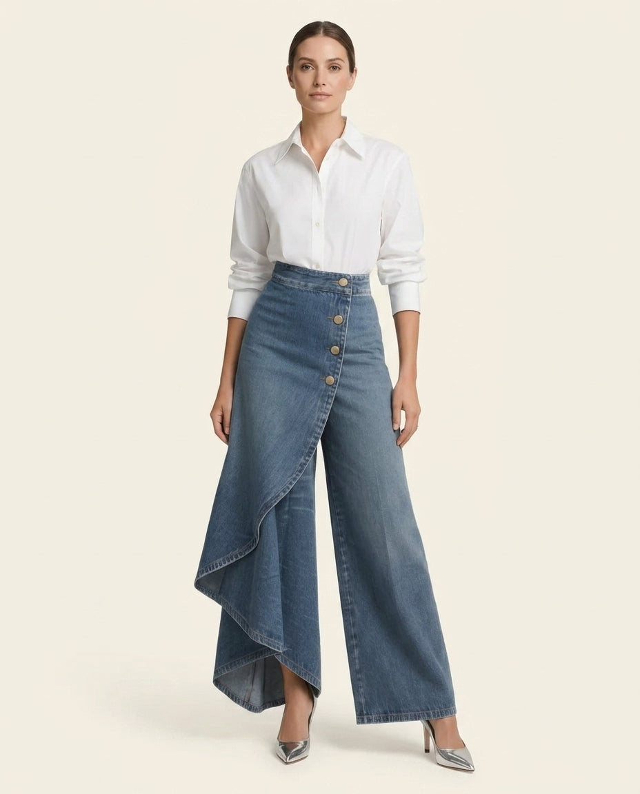 High Waist Ruffle Wrap Overlay Wide Leg Jeans