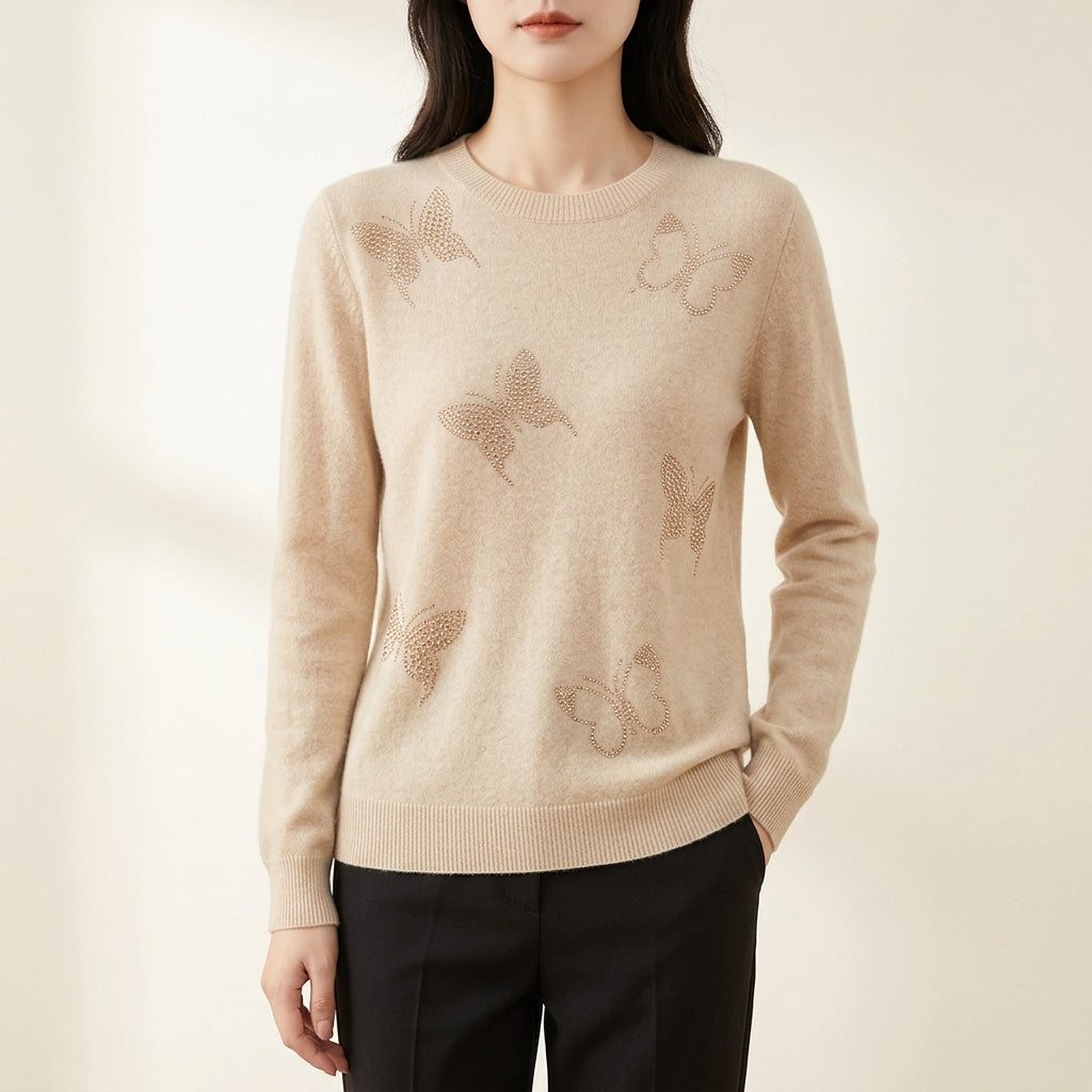 Crew Neck Butterfly Embellished Knit Sweater