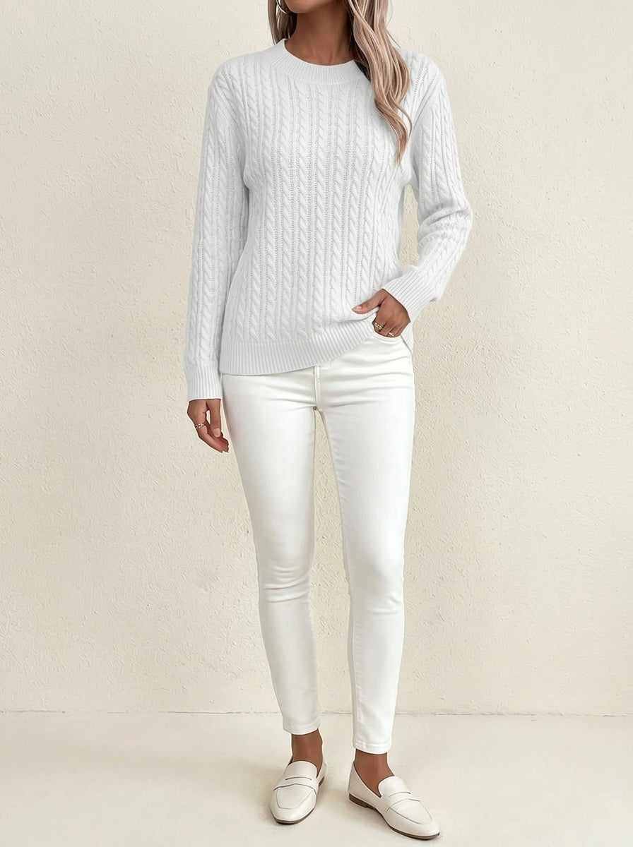 Crew Neck Long Sleeve Cable Knit Sweater