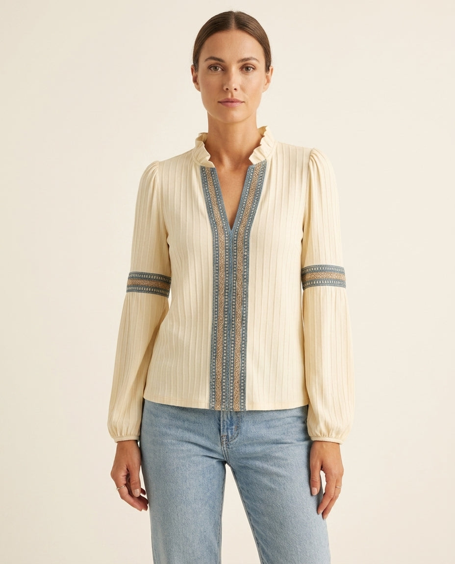 Stand Collar V-Neck Embroidered Trim Long Sleeve Blouse