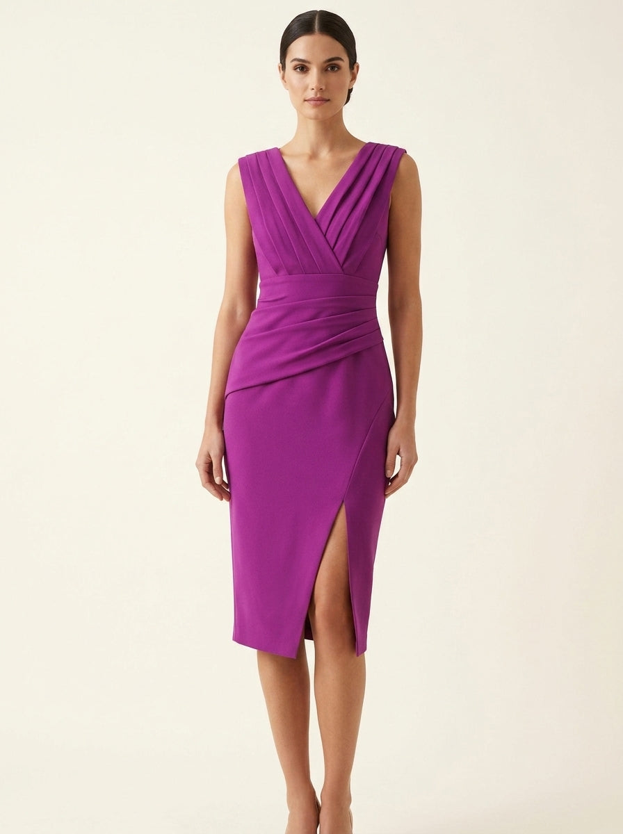 V-Neck Sleeveless Ruched High Split Midi Dress