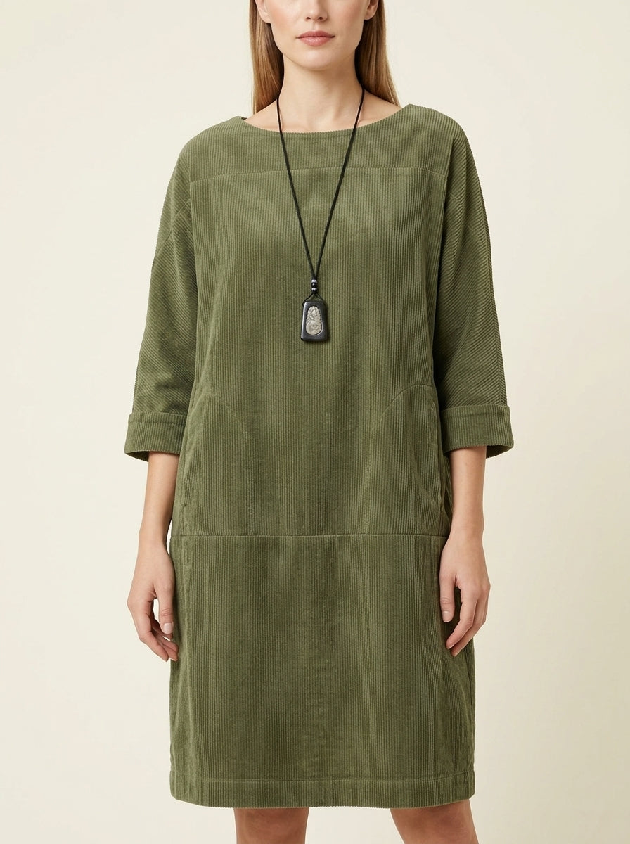 Boat Neck Half Sleeve Corduroy Shift Midi Dress