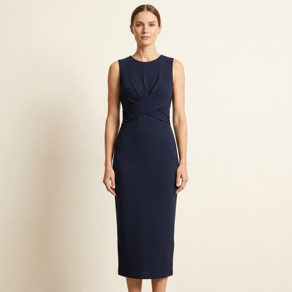 Crew Neck Sleeveless Crossover Waist Bodycon Midi Dress