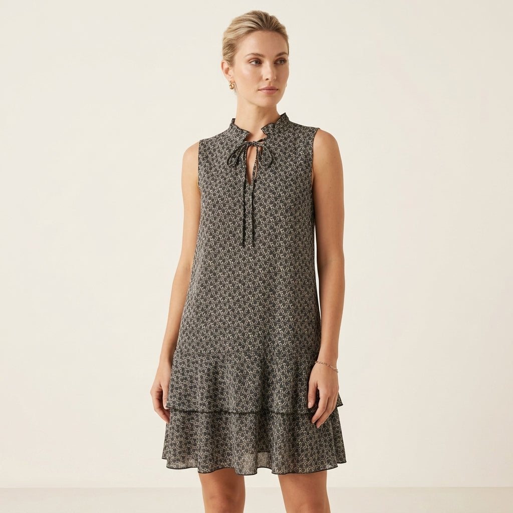 Geometric Print Tie Neck Sleeveless Tiered Mini Dress