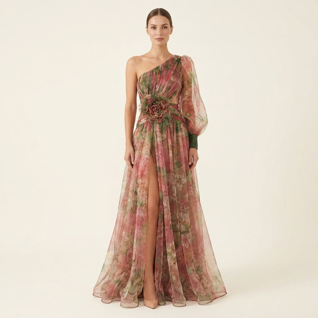 Floral One Shoulder Cut Out High Split Maxi Gown