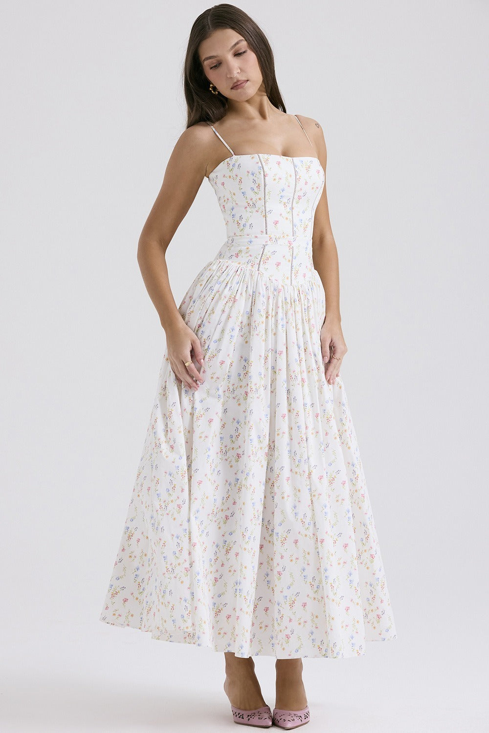 Floral Print Corset Drop Waist Full Skirt Maxi Dress
