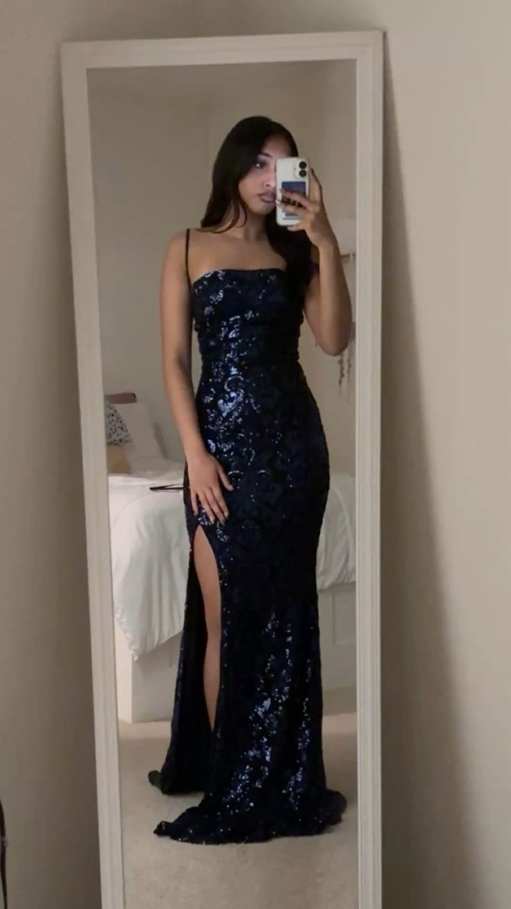 Gorgeous Spaghetti Straps Navy Blue Sequin Side Slit Mermaid Evening Dress Long Wedding Guest Dress D1798