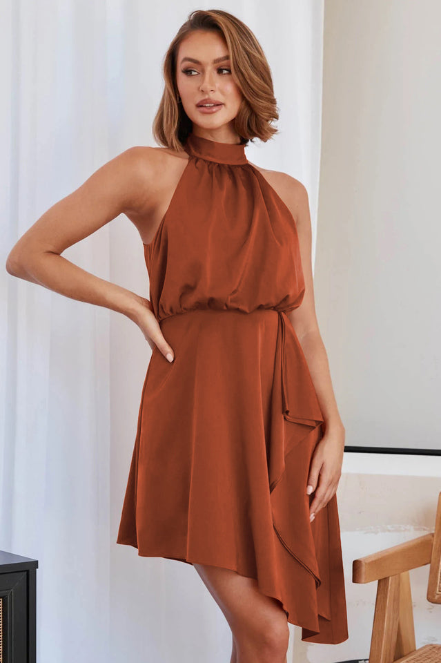 Halter Neck Sleeveless Asymmetric Hem Midi Dress