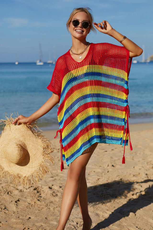 Rainbow Stripe Openwork Slit Cover Up - Fashionpara