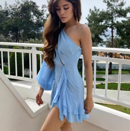 Classy Blue Chiffon One Shoulder Short Party Dress Formal 6th Grade Homecoming Dress D271