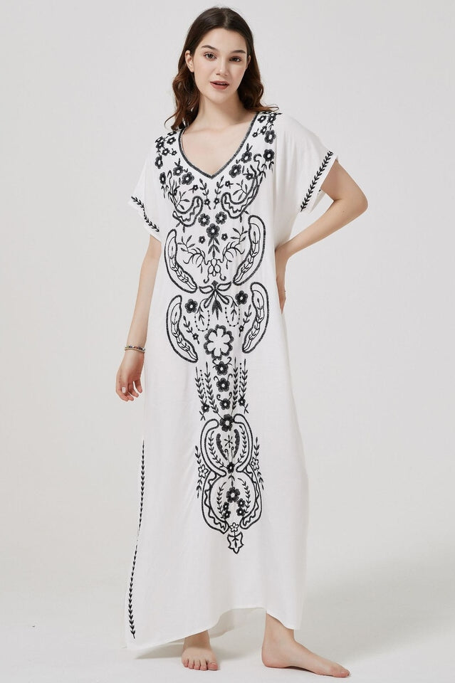 Embroidered V-Neck Short-Sleeve Kaftan Maxi Dress 36
