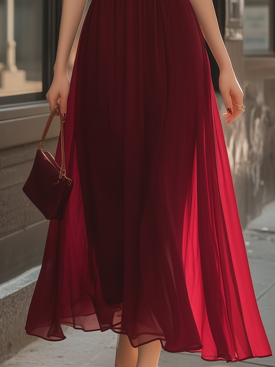 Romantic Burgundy Puff Sleeve Midi Dress