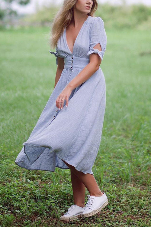 Deep V-Neck Puff Sleeve Tie Cuff Button Front A-Line Midi Dress - View 3
