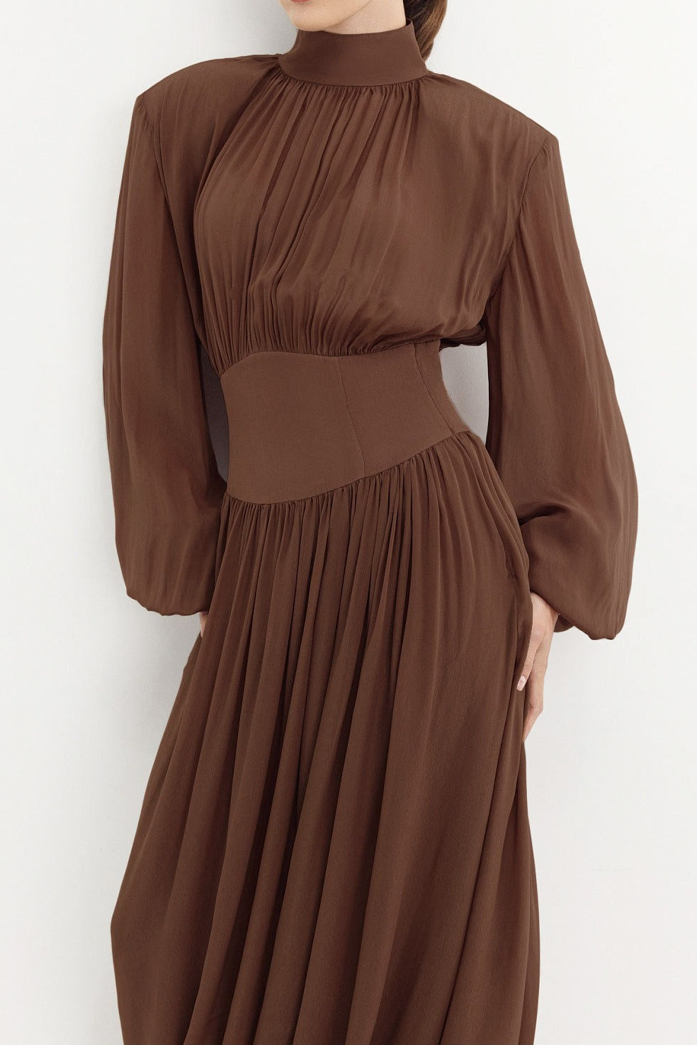 Satin High Neck Long Sleeve Blouson Maxi Dress 2