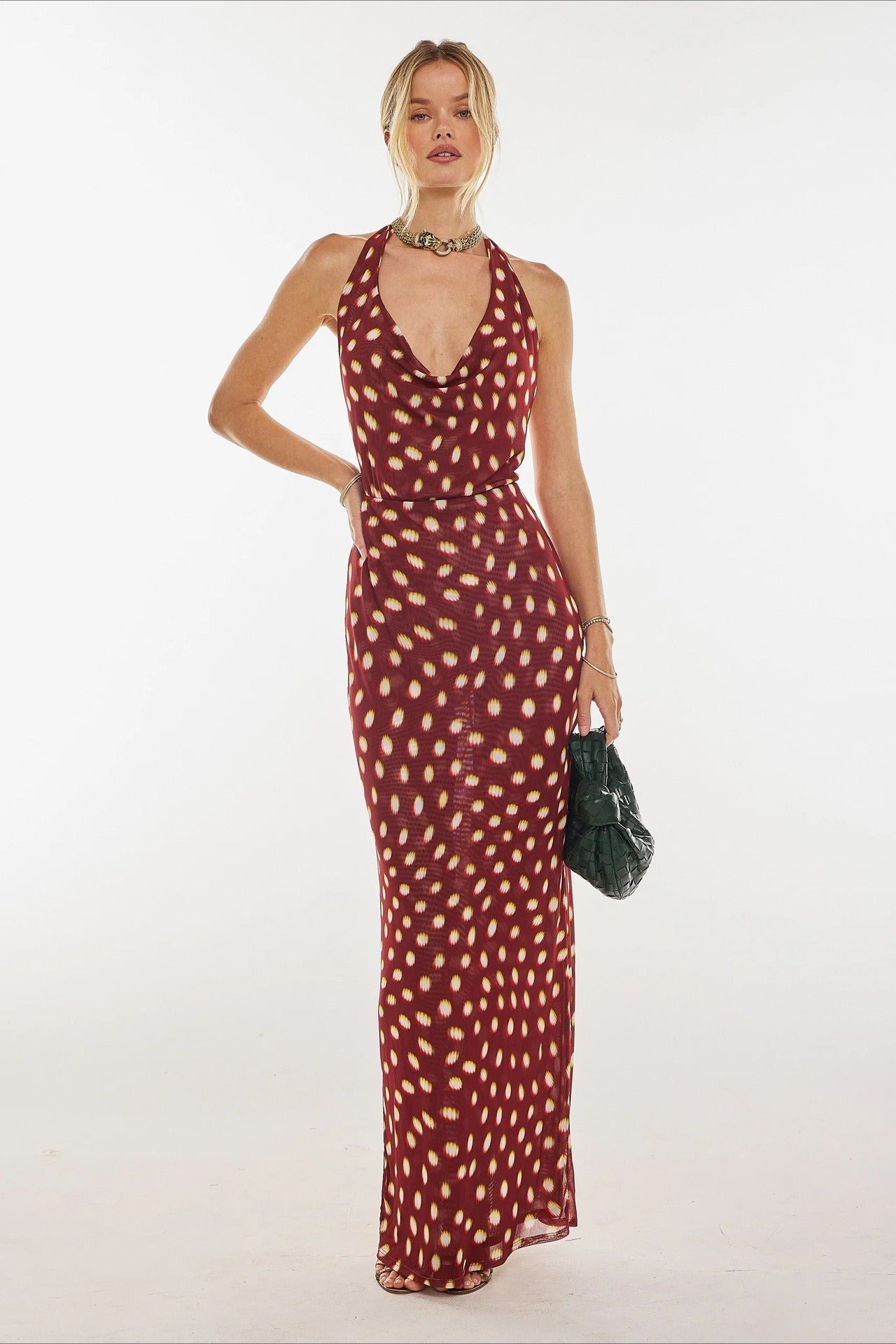 Polka Dot Print Halter Waist Tie Maxi Dress - Fashionpara