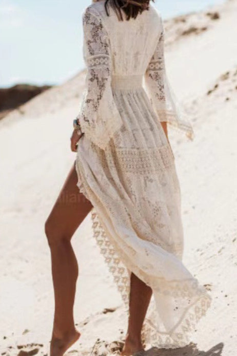 Crochet Lace V-Neck Bell Sleeve Slit Maxi Dress