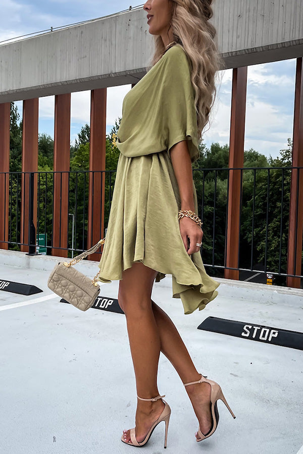 Batwing Sleeve Satin Mini Dress - Fashionpara