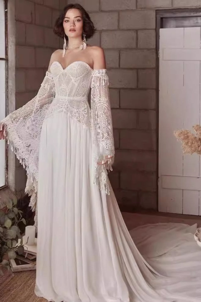 Boho Lace Off Shoulder Bell Sleeve Maxi Gown