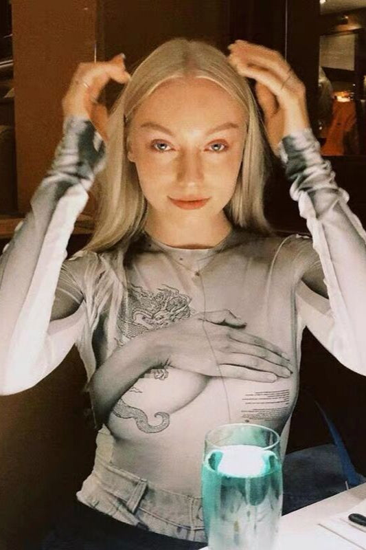 Sheer Mesh Print Bodysuit Knit Top