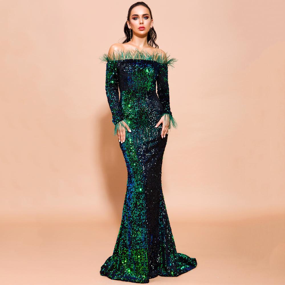 Emerald Green Feathered Mermaid Sequins Dress - Fashionpara