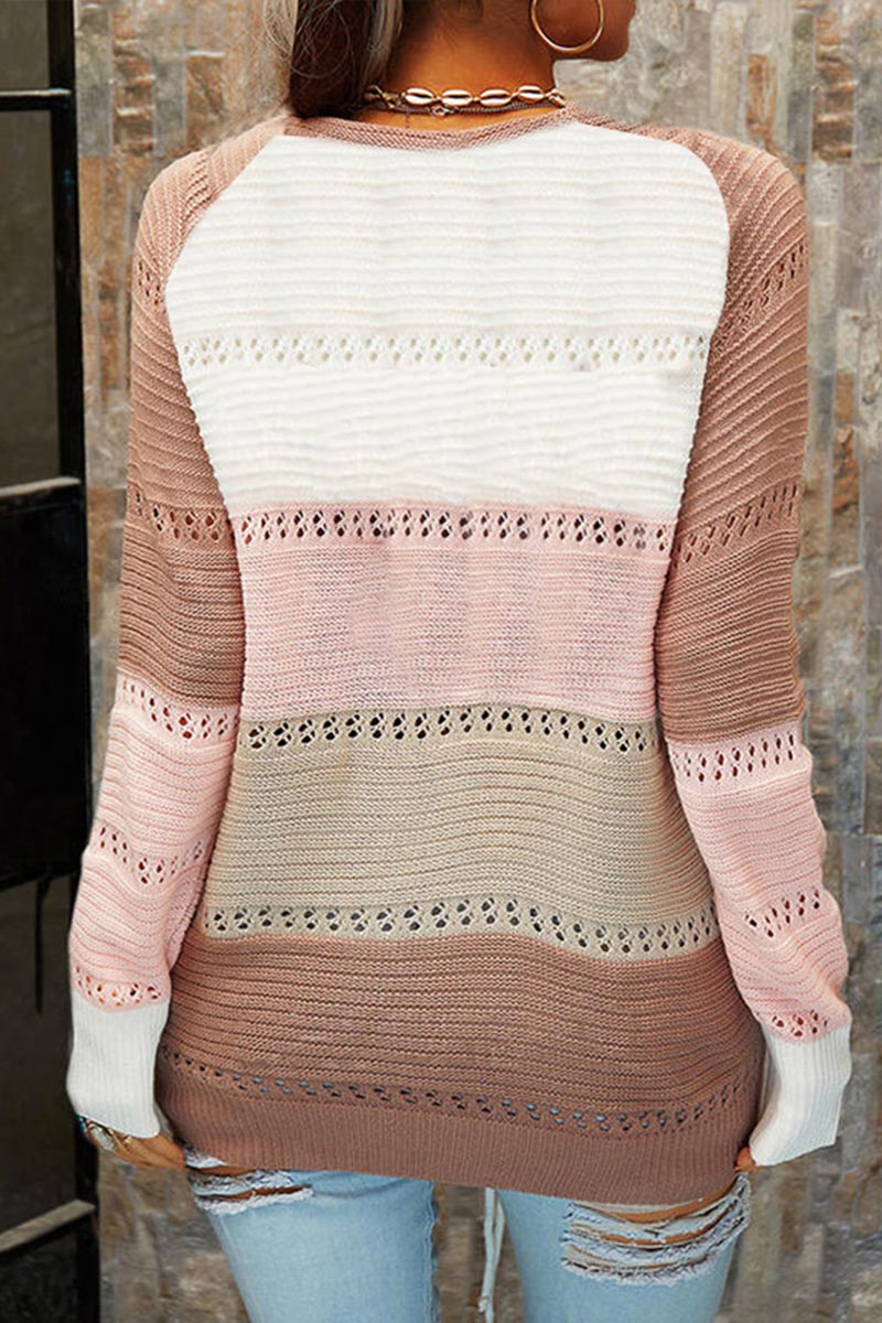 V Neck Lace up Patchwork Loose Sweater