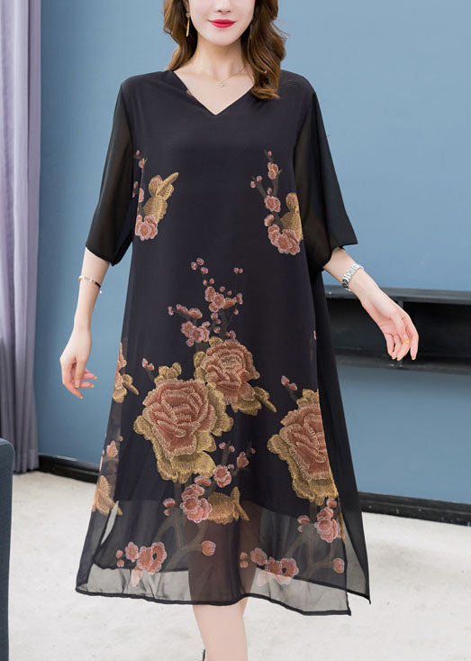 Floral Embroidery V-Neck Sheer Chiffon Sleeve Overlay Midi Dress - View 4