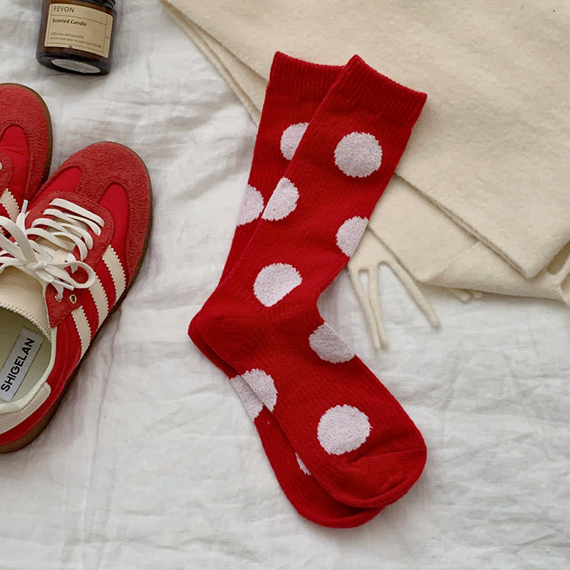 Red Polka Dot Snowflake Fluffy Slouch Socks