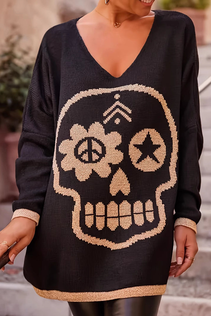 PrincessAce Skull V-Neck Sweater for Spooky Style Fans