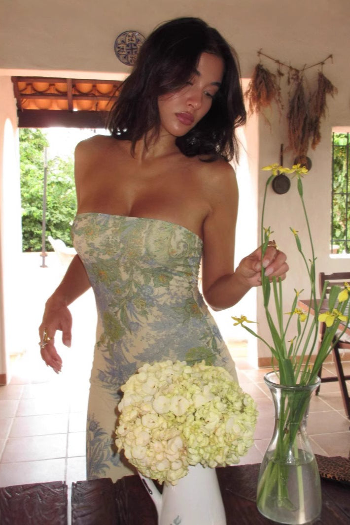 Oil Painting Print Strapless Bodycon Waist-Cinched Split Maxi Dress