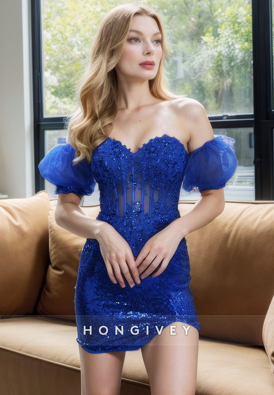 Detachable Off-Shoulder Sweetheart Lace Applique Sheer Party Evening Homecoming Dress