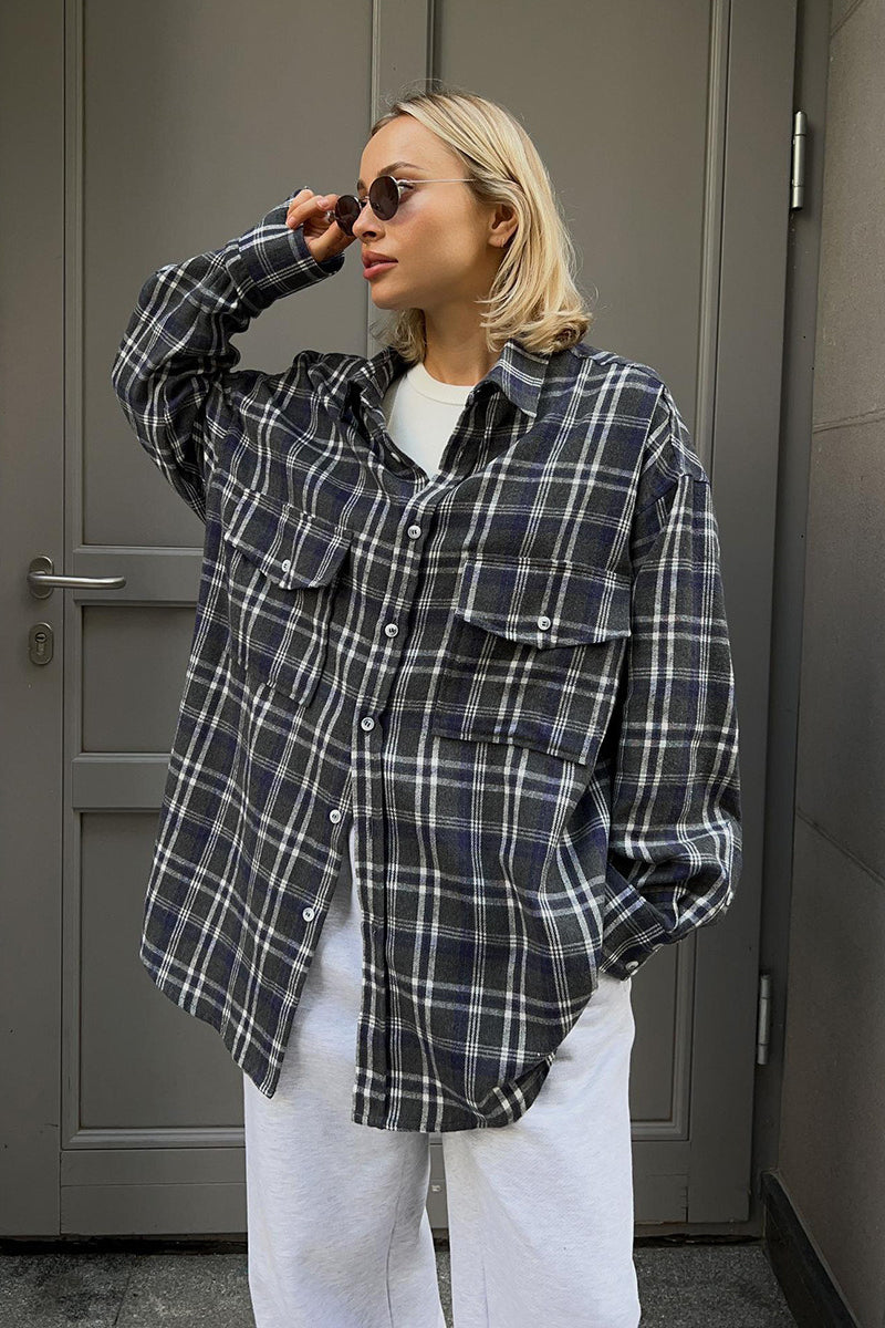 Plaid Mid Length Double Pocket Shirt Blouse