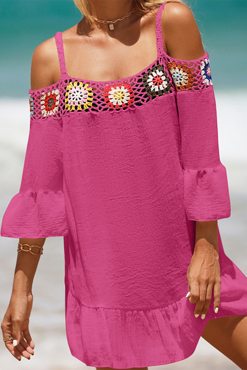 Crocheted Off Shoulder Short Solid Color Sunscreen Beach Skirt