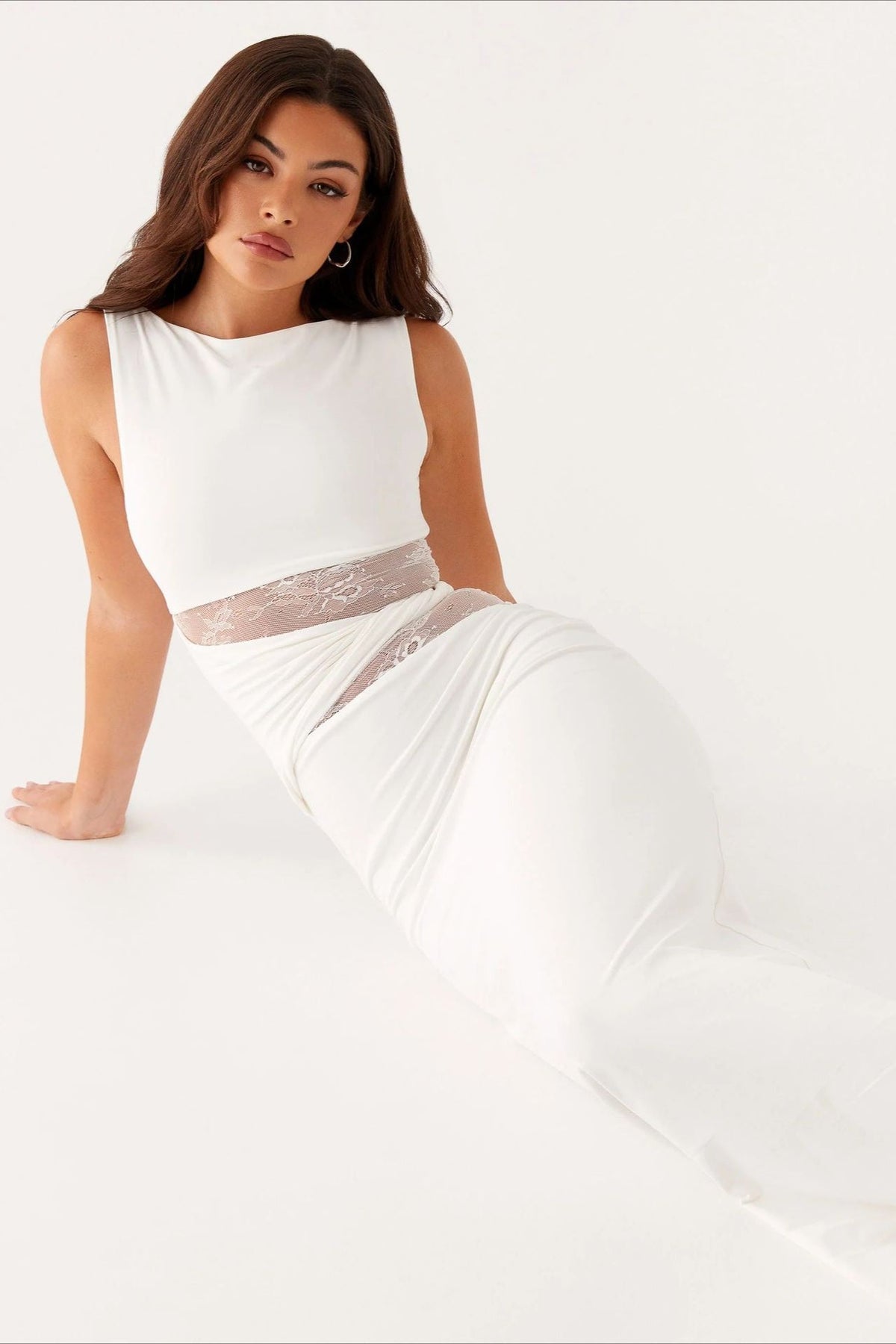 Boat Neck Sleeveless Lace Cutout Bodycon Maxi Dress
