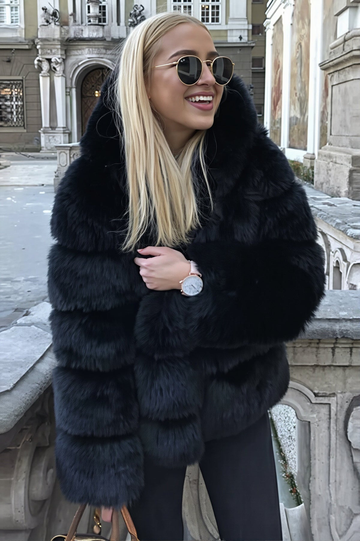 Hooded Tiered Faux Fur Coat