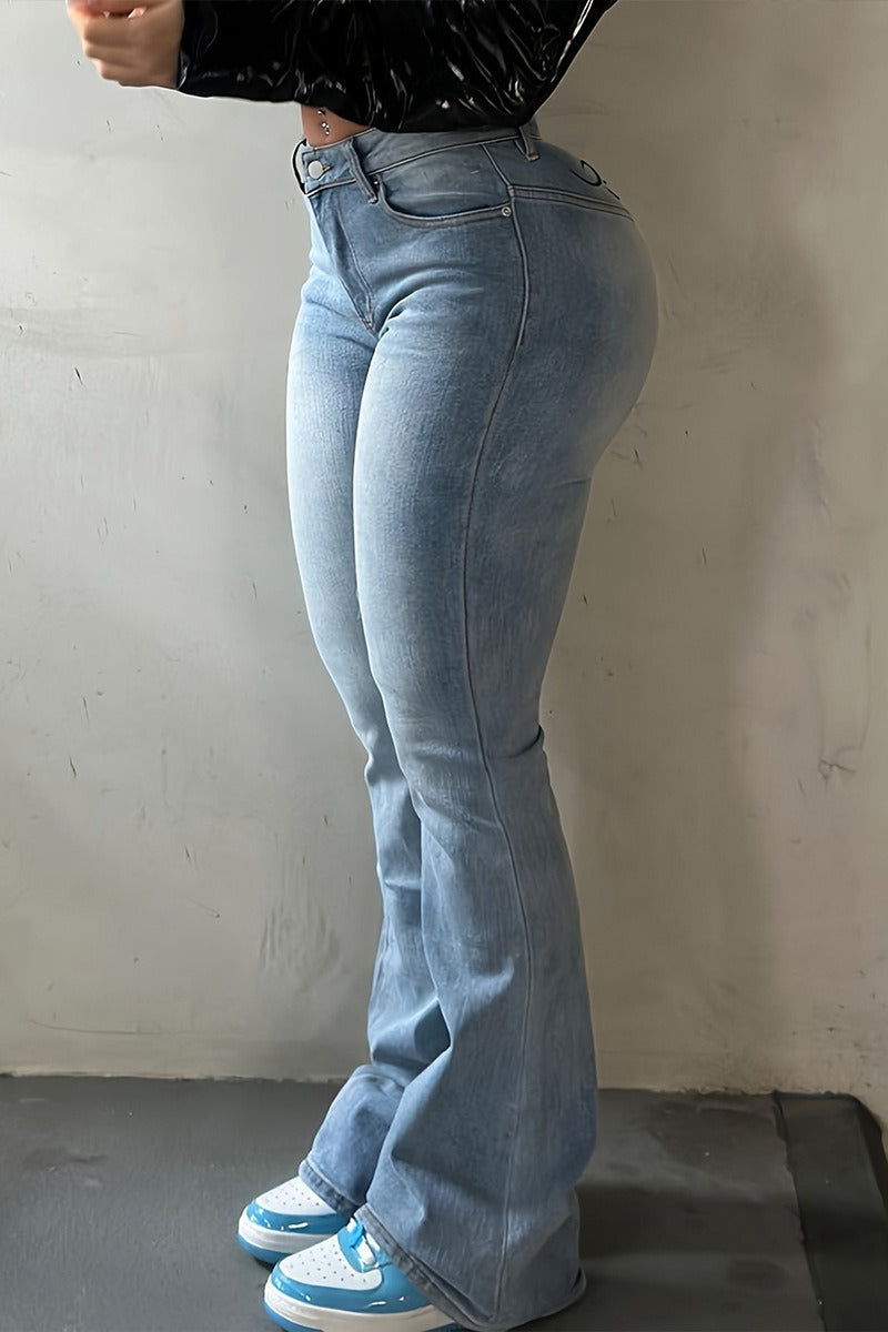 Vintage Printed Washed Low Waist Micro Flare Jeans