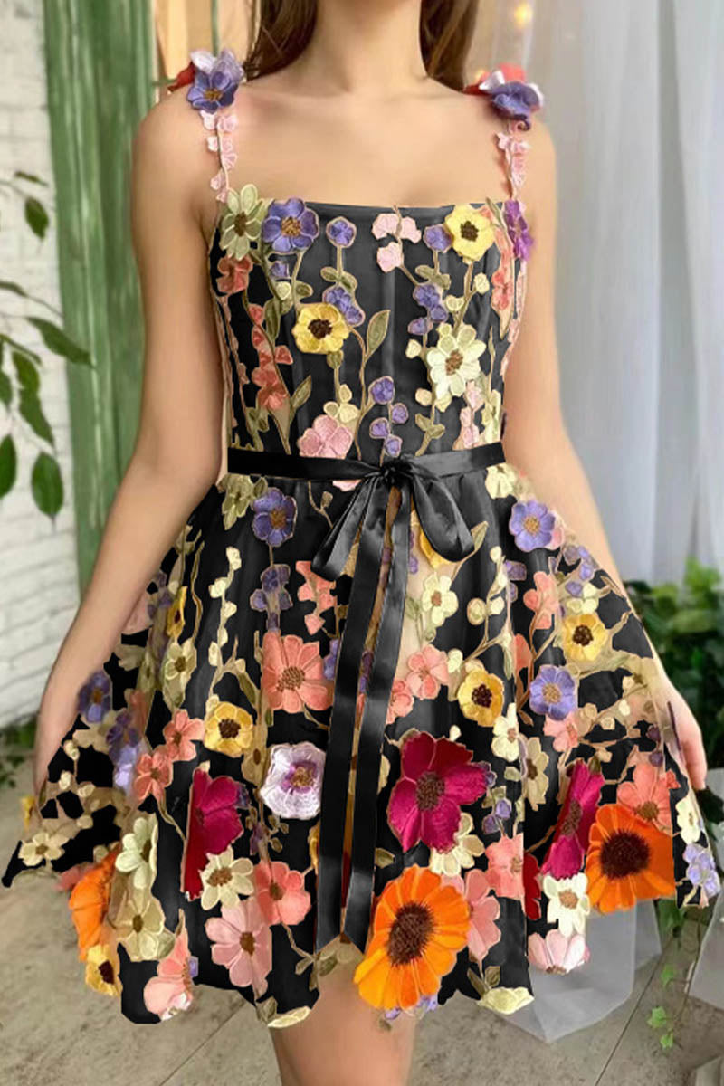 3D Flower Embroidered Suspender Dress - Fashionpara