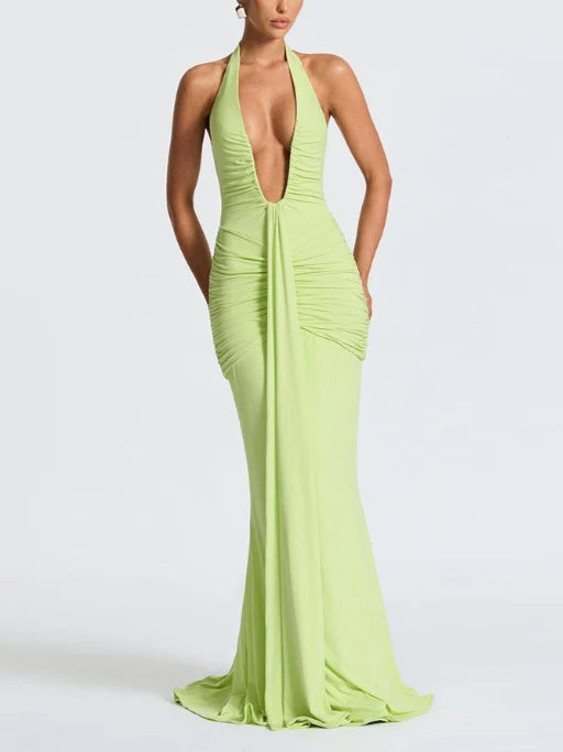 Solid Color Halter Neck V-Neck Backless Fishtail Party Dress - Fashionpara
