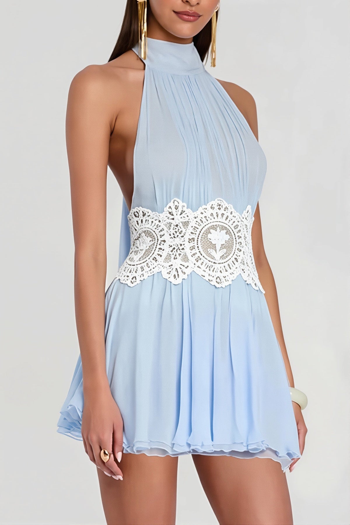 Chiffon Halter Neck Lace Waist Pleated Mini Dress