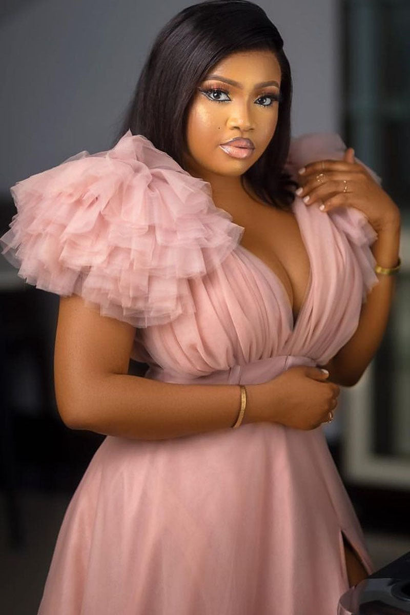 Plus Size Split Joint V Neck Tulle Ruffle Trailing Maxi Dress Fashionpara