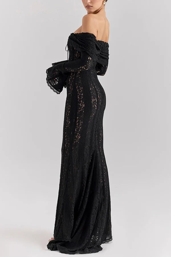 Leila Off Shoulder Floral Lace Flared Sleeve Fishtail Maxi Dress - View 15