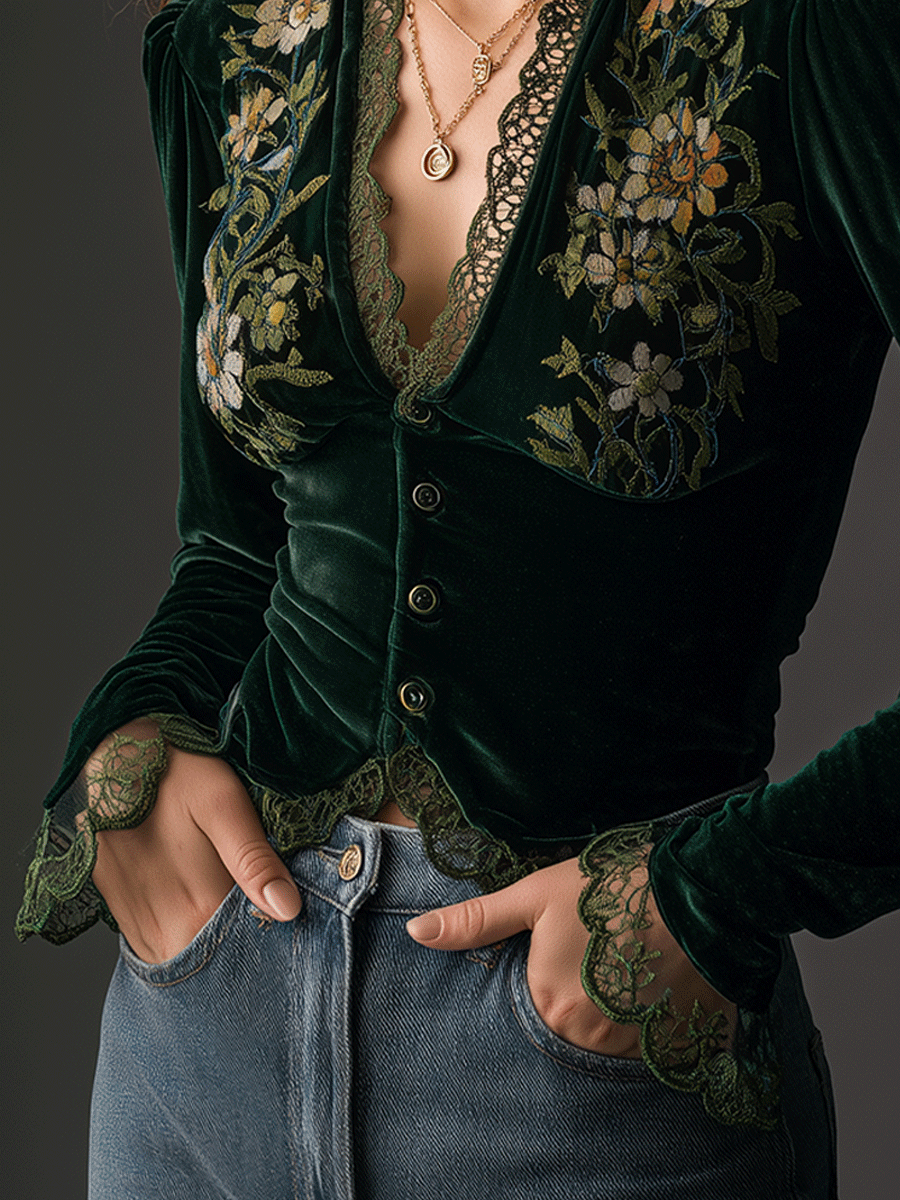 Floral Embroidered Velvet Shirt - Fashionpara