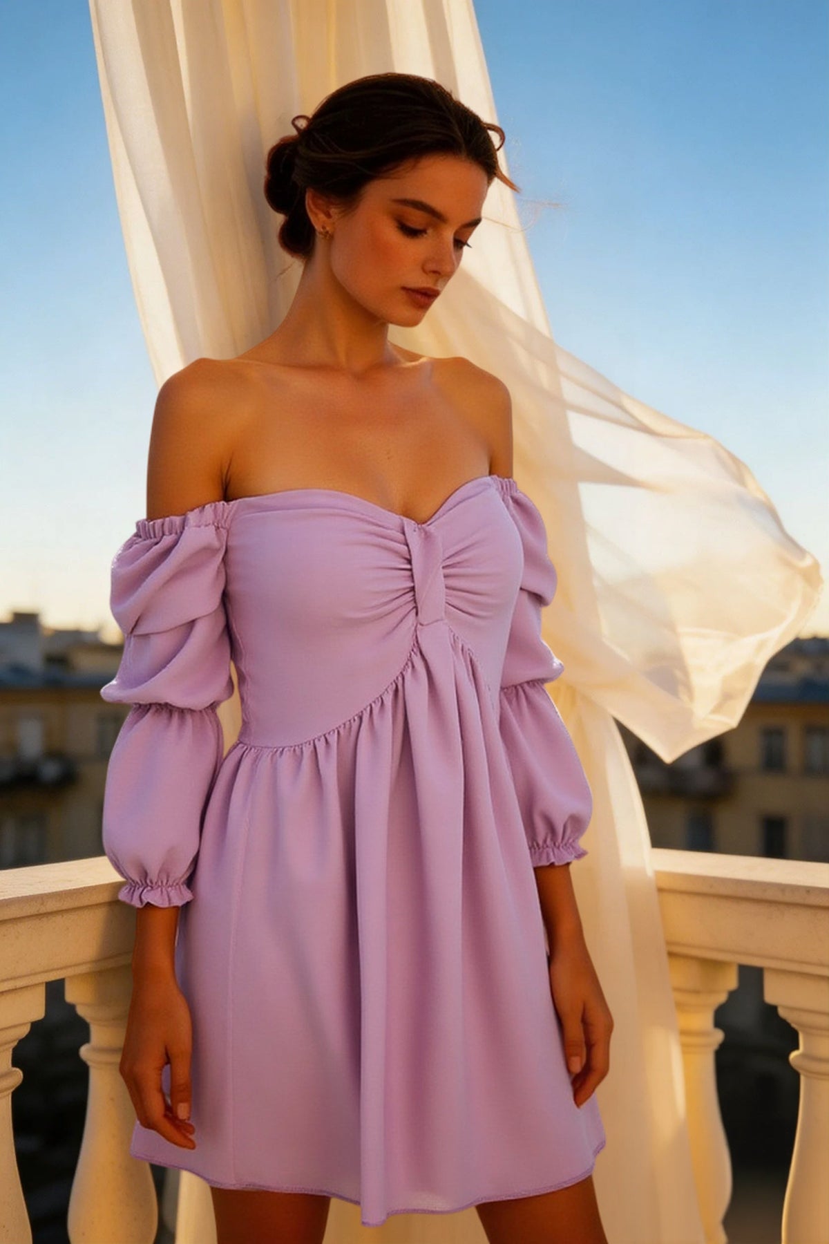 Off Shoulder Lace Trim Shirred Tiered Mini Dress 11